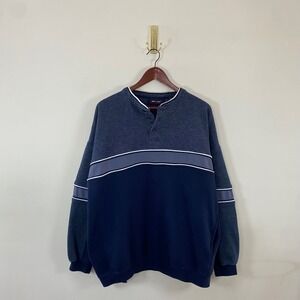 Vintage Henley Sweatshirt Navy Blue Color‎ Block XL Pockets Fisherman Grandpa